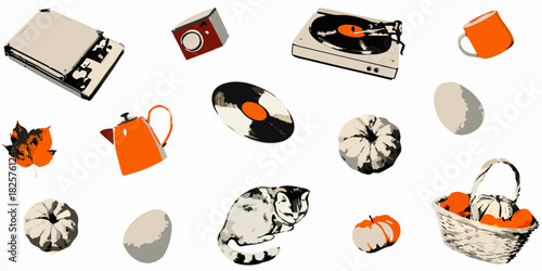 Autumn still life with vintage objects and harvest elements