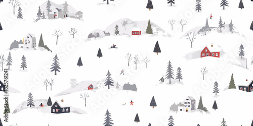 Winter wonderland seamless pattern with houses trees and people