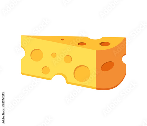 A triangular block of bright yellow cheese featuring several holes often called eyes.