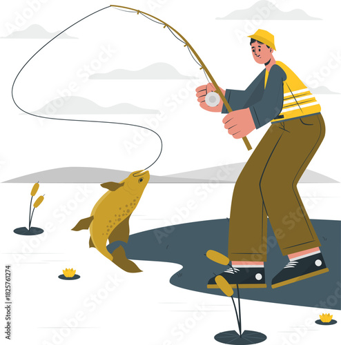 Man in hat and vest fishing, catching a fish from the water