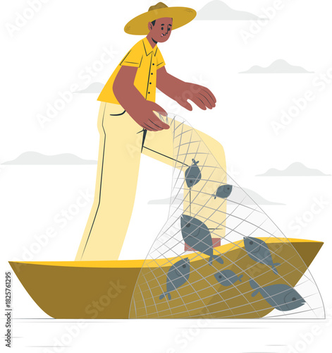 Fisherman in boat pulling net with fish, white