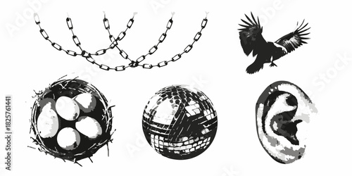 Monochrome collage of symbolic objects on a white background