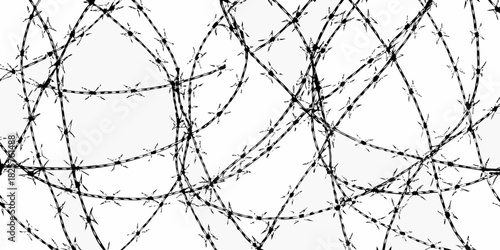 Abstract black and white barbed wire fence security pattern