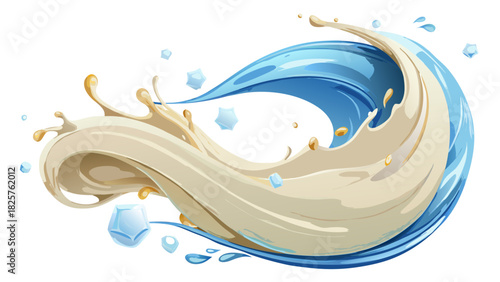 Creamy milk wave splashing upward in mid-air, forming smooth flowing shapes with crystal-clear droplet details, a clean white background for fresh dairy advertising visuals
