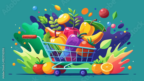 A vibrant shopping cart overflowing with colorful fruits and vegetables launching upward, with glowing particles and liquid splashes capturing movement, freshness, and dynamic health inspiration