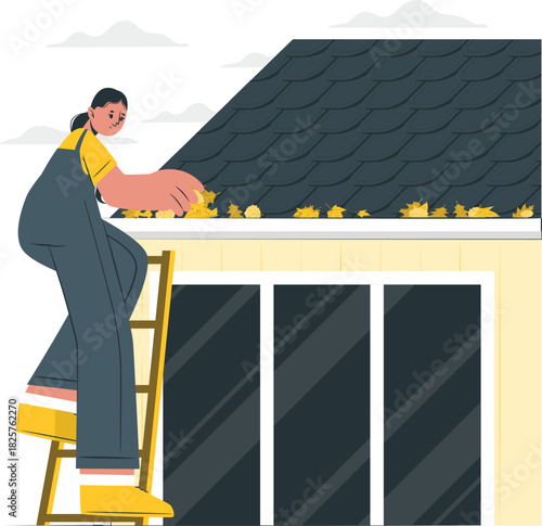 Person on ladder cleaning autumn leaves from house gutter