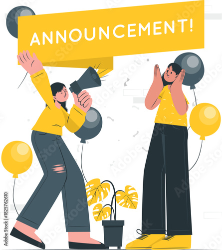 Excited People Announcing with Megaphone and Banner Celebrate, Publicize, Inform, Convey the News