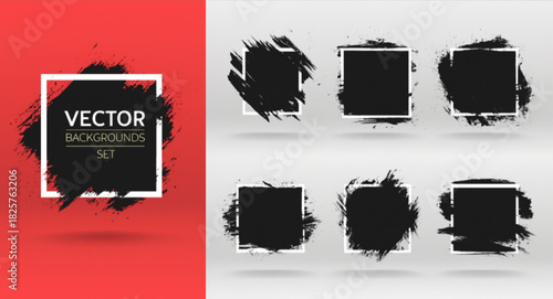 Grunge backgrounds set. Brush black paint ink stroke over square frame. Vector illustration.