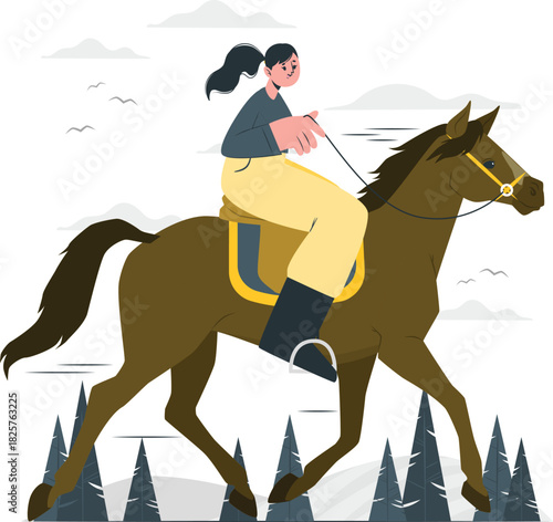 Energetic woman enjoying a spirited horseback ride through a picturesque outdoor landscape, embracing the freedom and joy of equestrian activity
