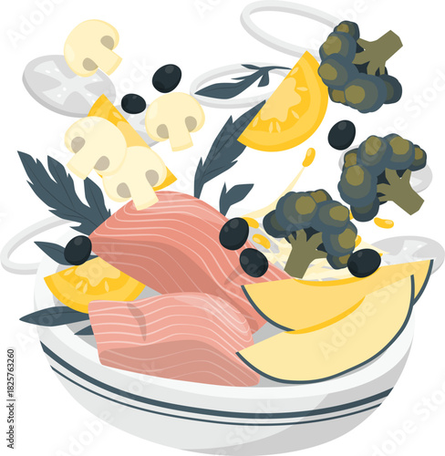 Healthy Salmon Salad Bowl with Fresh Vegetables and Mushrooms A Delicious and Nutritious Meal