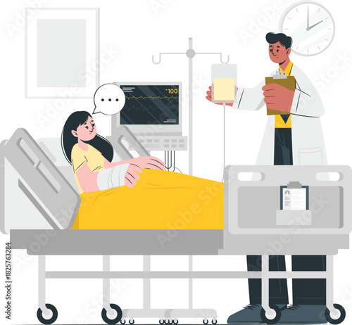 Caring Male Doctor Attending to a Female Patient Recovering in a Hospital Bed, Offering Support and Medical Advice During Treatment and Consultation