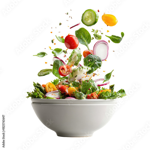 Fresh ingredients levitating into a white bowl of salad