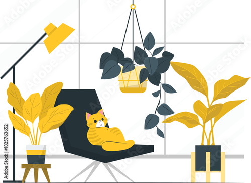 Cat on chair with plants and lamp