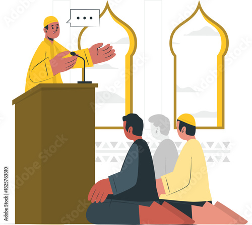 A devoted Muslim spiritual leader delivers an inspiring sermon to a congregation, fostering deep community connection and religious understanding within a sacred setting