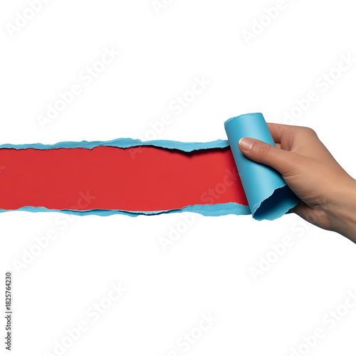 Hand peeling back blue paper layer to reveal vibrant red color underneath, isolated on transparent background