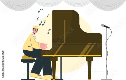 Piano Player Vector Illustration with Microphone and Musical Notes