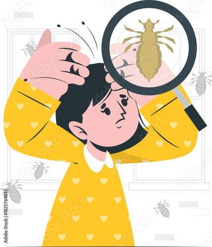 Distressed child checking for head lice with a magnifying glass
