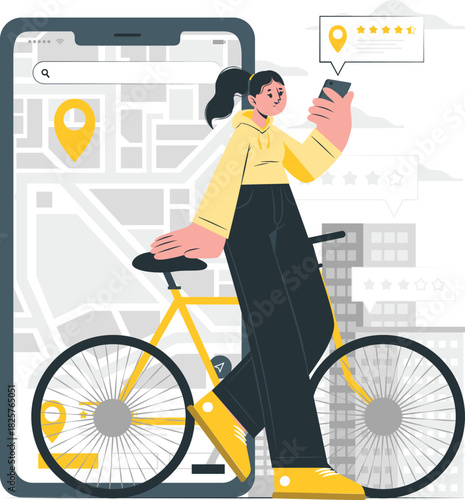 Woman using smartphone for navigation with bicycle and map app