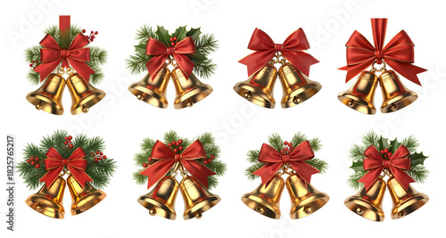Set of golden christmas bells with a red ribbon bow, evergreen branches, red berries and holly leaves isolated on transparent, PNG background. Nativity jingle bells, festive Xmas decorations. 