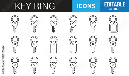 Modern Outline Key Ring Icon Pack Showing Single Keys, Labeled Tags, Circular Rings, Lock Accessories, and Secure Elements