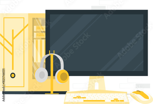 Modern personal computer workstation with a monitor, keyboard, mouse, and headphones. Flat vector illustration of a digital workspace for gaming or office work