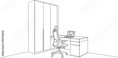 Minimalist office corner sketch with desk chair computer and cabinet
