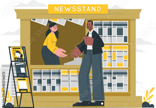 Flat design illustration of a man purchasing a daily newspaper from a woman at a local street newsstand