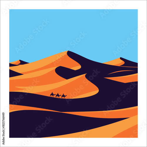 Three camels walk across vast orange sand dunes under a clear blue sky desert caravan