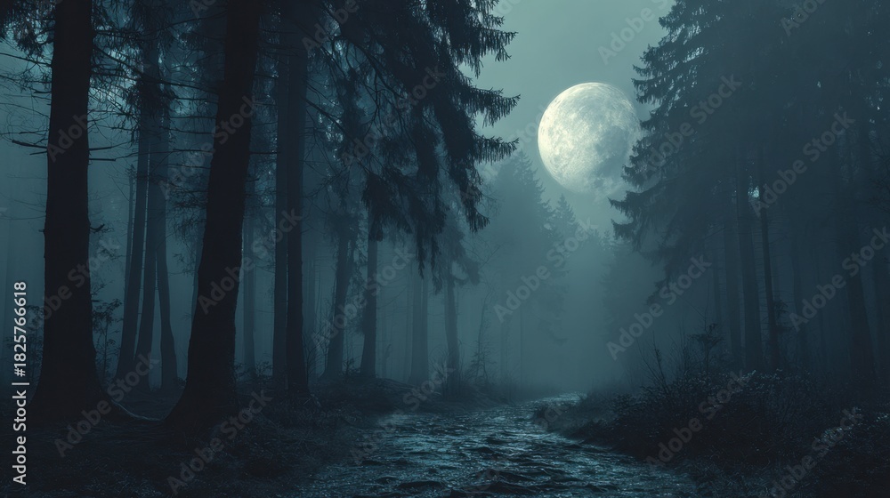 Fototapeta premium A serene forest at night features tall pine trees silhouetted against a luminous full moon. A winding path leads through the misty setting creating an enchanting atmosphere.