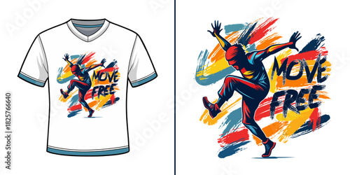 Break-dancer in motion with energetic paint strokes, typography ''Move Free'', t shirt vector design