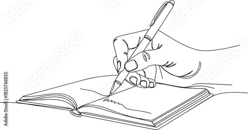 Hand writing in open book with pen sketch style illustration