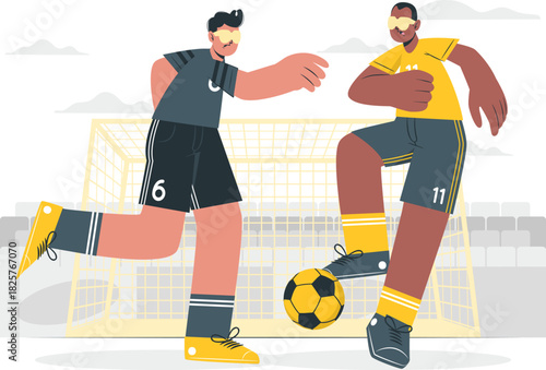 Two blindfolded athletes playing a competitive game of soccer on a field with a goal in the background