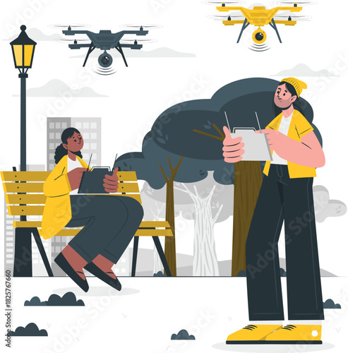 People operating drones in a park environment with trees, bench, and street light with yellow drone