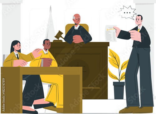 Legal Proceedings A courtroom scene depicting justice, lawyers, and defendants in a formal setting