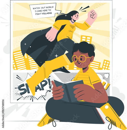 Reader with superhero flying from comic book, white