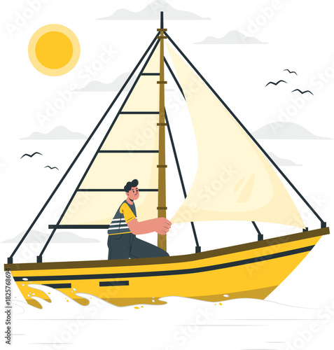 Man sailing a yellow sailboat on the water under a sunny sky