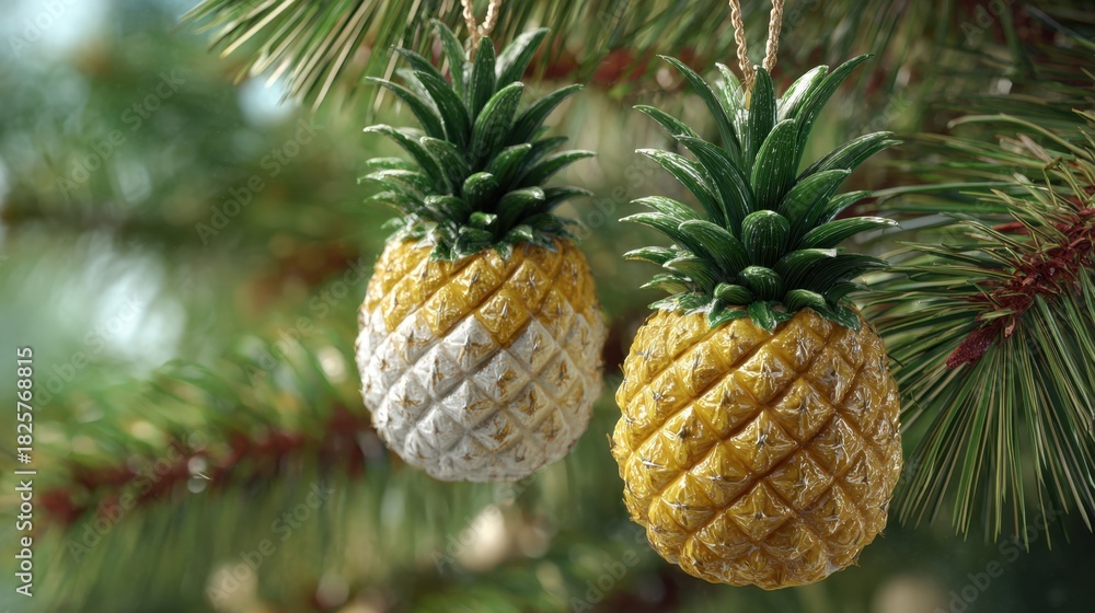 Fototapeta premium Two pineapple shaped ornaments decoratively hanging from the branches of a lush green holiday tree. The ornaments feature vibrant colors and add a playful touch to the festive atmosphere.