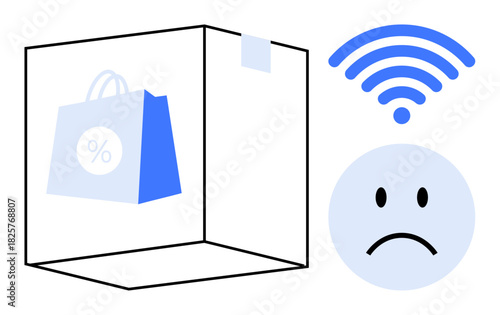 Online shopping issues. Online shopping with a shopping bag, weak connectivity symbol, and sad face. Online shopping impacting delivery services and customer experience. Useful for e-commerce
