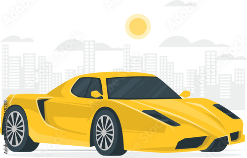 Sleek yellow sports car driving with city skyline background