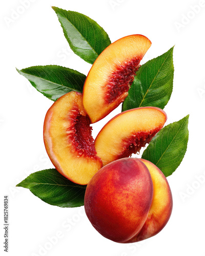 Wallpaper Mural Fresh nectarines with green leaves against black background Torontodigital.ca