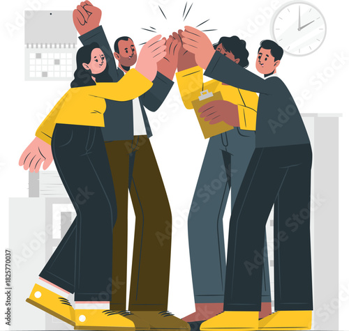 Diverse team highfiving, celebrating success, white