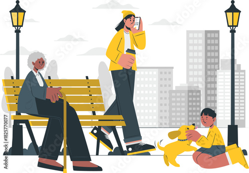 Diverse group enjoying a pleasant day outdoors with a dog in a city park with buildings in the background