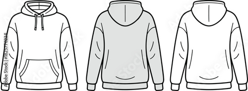 Cad drawing flat vector illustration, hoodie front back views, fashion sketch, sweatshirt template, garment design, apparel technical drawing