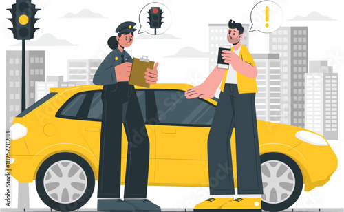 Police officer interacts with a driver next to a yellow car in the city