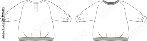 Oversized sweatshirt fashion flat template with button placket, raglan sleeves, cuff details, front and back technical sketch – cad drawing flat vector illustration