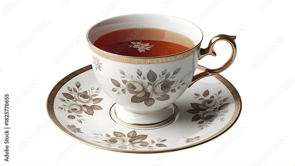 Obraz premium Elegant teacup and saucer with hot tea, featuring a delicate floral pattern, isolated on white background