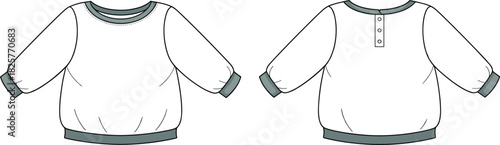 Kids sweatshirt top technical flat, crew neck pullover CAD design, front and back vector template, long sleeve elastic hem illustration