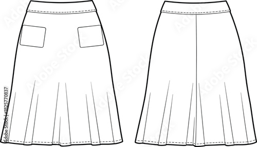 Flared skirt technical flat, fashion CAD template illustration, back and front vector sketch with pockets, sewing pattern design, cad drawing flat vector illustration
