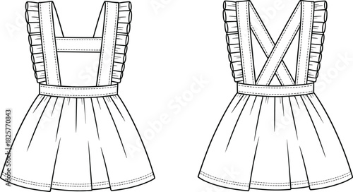 Girls pinafore dress technical flat, ruffle strap CAD design, front and back vector template illustration, sewing pattern sketch, cad drawing flat vector illustration