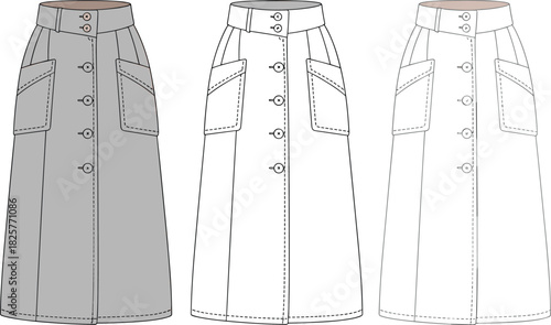 Long A-line skirt cad drawing flat vector illustration with button front, flap pockets, waistband detailing, fashion technical garment design template sketch